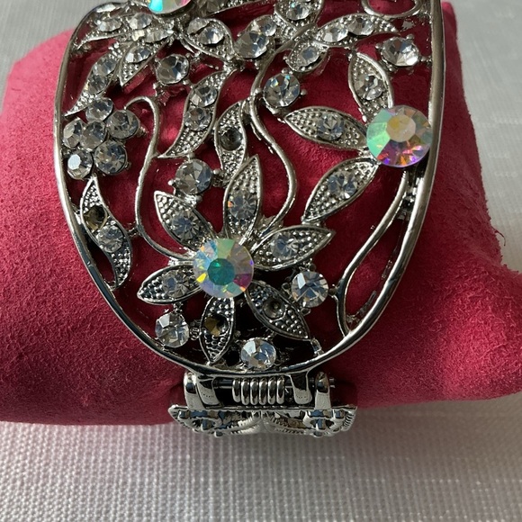 Floral Rhinestone Silver Tone Cuff - Picture 3 of 4